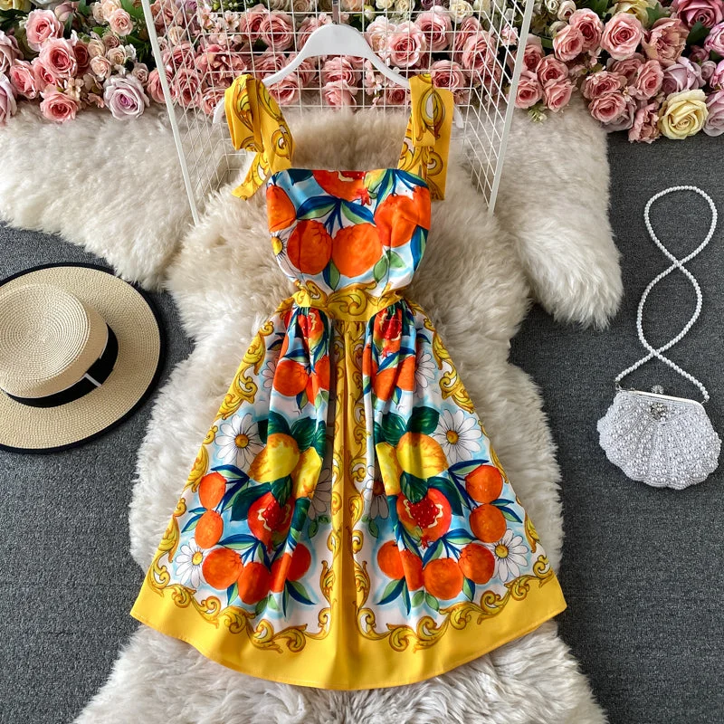 Summer Fashion Bow tie strap suspender skirt sweet print age reduction dress  3302 Mother's Day Special