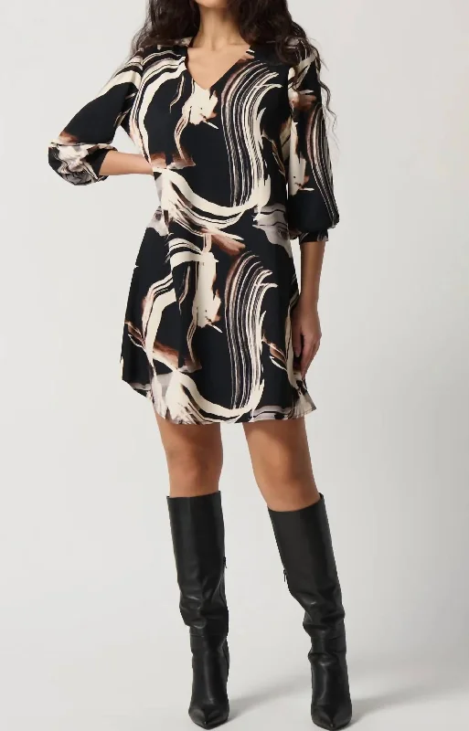 Valentine's Special Abstract Print A-Line Mini Dress In Black Multi Everyday Glamour