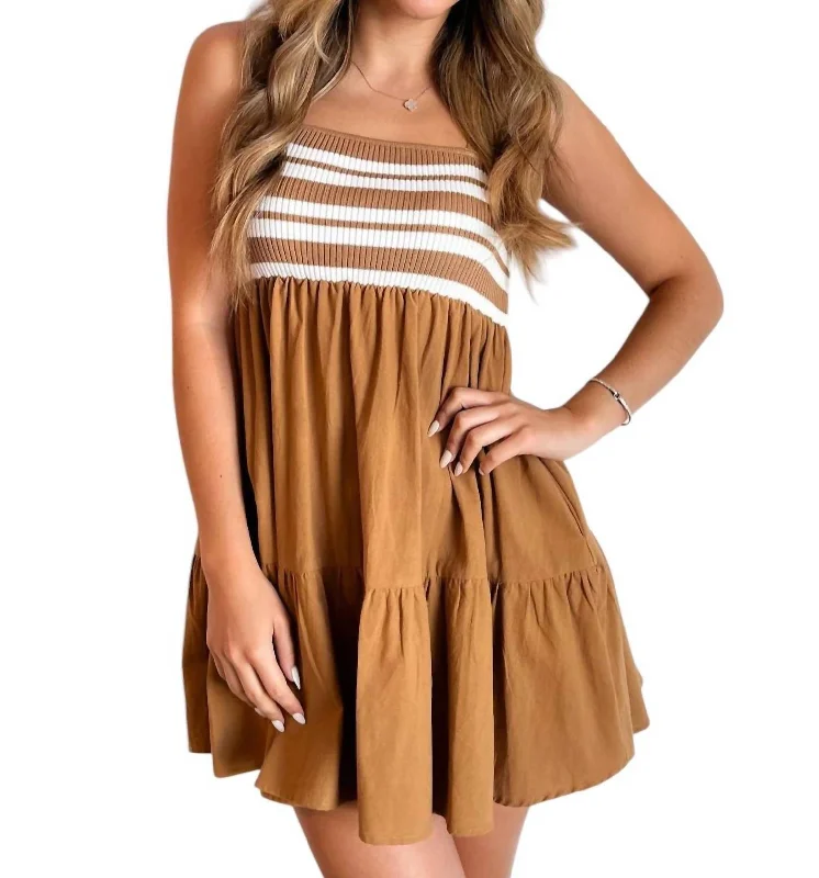 Latest Trends Addy Stripe Mini Dress In Tan Y2K Nostalgic Fashion Look