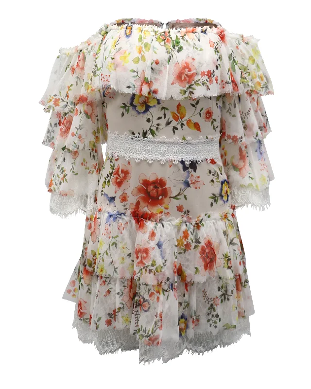 New Season Fashion Preview Sale Alice + Olivia Layered Floral Off-Shoulder Dress in White Silk Luxury Comfort