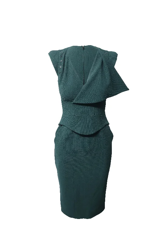 Urban Fashion Antonio Berardi Peplum Midi Dress in Green Virgin Wool Romantic Date - Night Ensemble