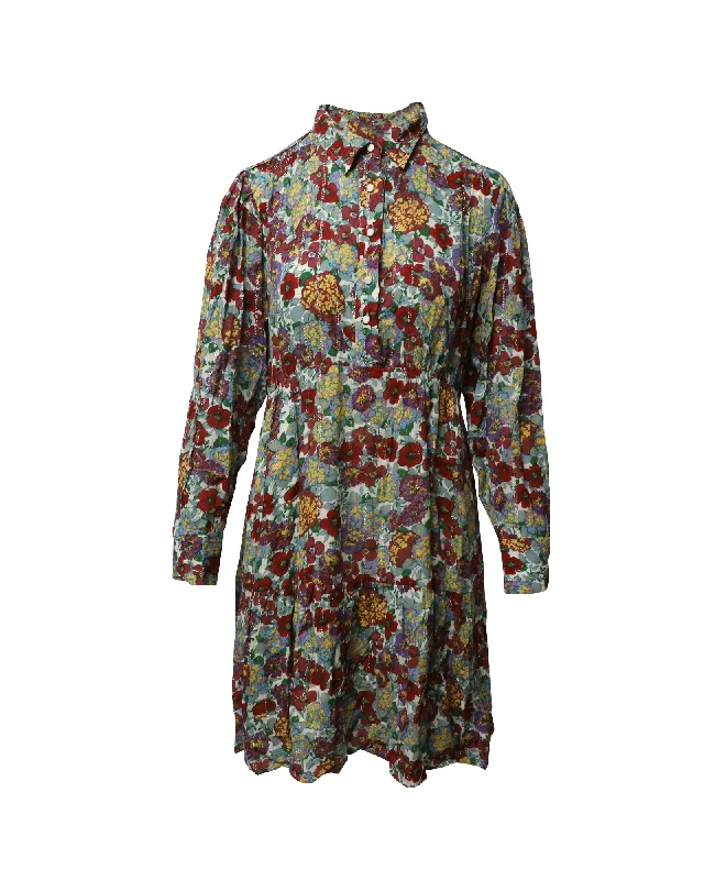 Flash Sale Now Ba&sh Gathered Mini Shirt Dress in Floral-Print Metallic Mousseline Viscose Rustic Countryside Charm Look