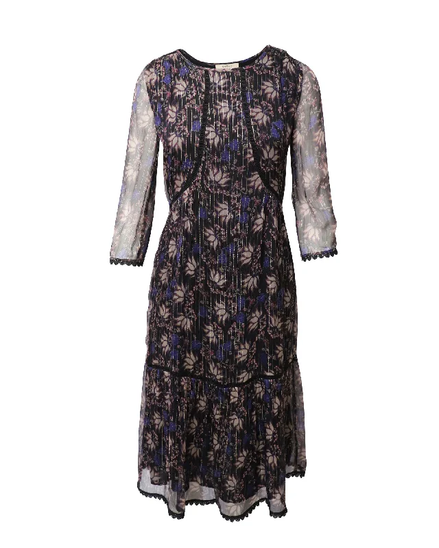 You'Ll Love Us Because Ba&Sh Ora Printed Midi Dress in Multicolor Silk Flowy Fabric