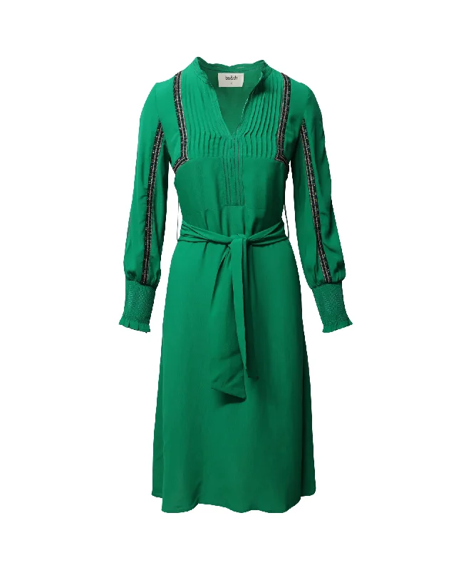 Luxury Fashion Discounts Ba&Sh Pleated Long Sleeve Midi Dress in Green Viscose Boho - Chic Festival - Ready Style