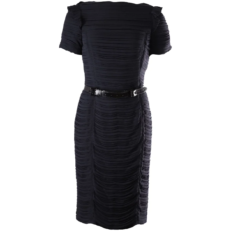 Step Ahead, Lead The Trend Burberry Pleated Midi Dress with Belt in Navy Blue Silk Elegant Contour