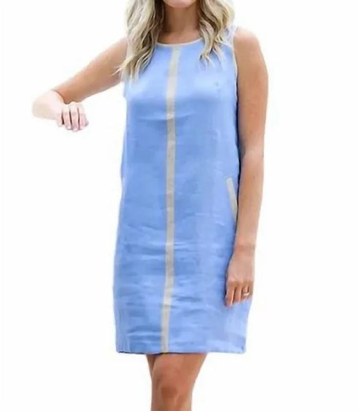 Sale Event, Prices Rock Crew Neck Mini Dress In Sky Denim/gold Stripe Feminine Soft - Hued Look