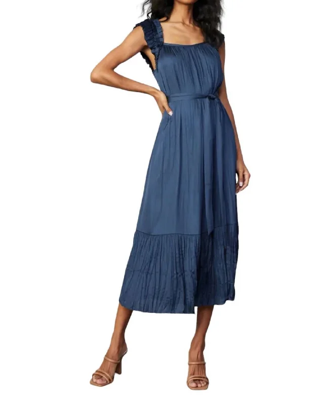 Cool Prices Crinkled Ruffled Shoulder Midi Dress In Navy Winter Warm - Up Sale