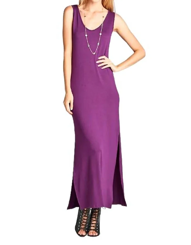 Seasonal Fashion Dahlia Side Slit Maxi Dress In Eggplant Mid - Season Sale