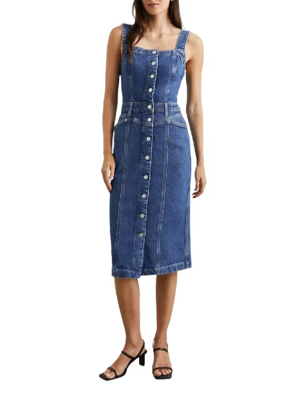 Evening Elegance Denim Malibu Midi Dress In Blue Contemporary Elegance