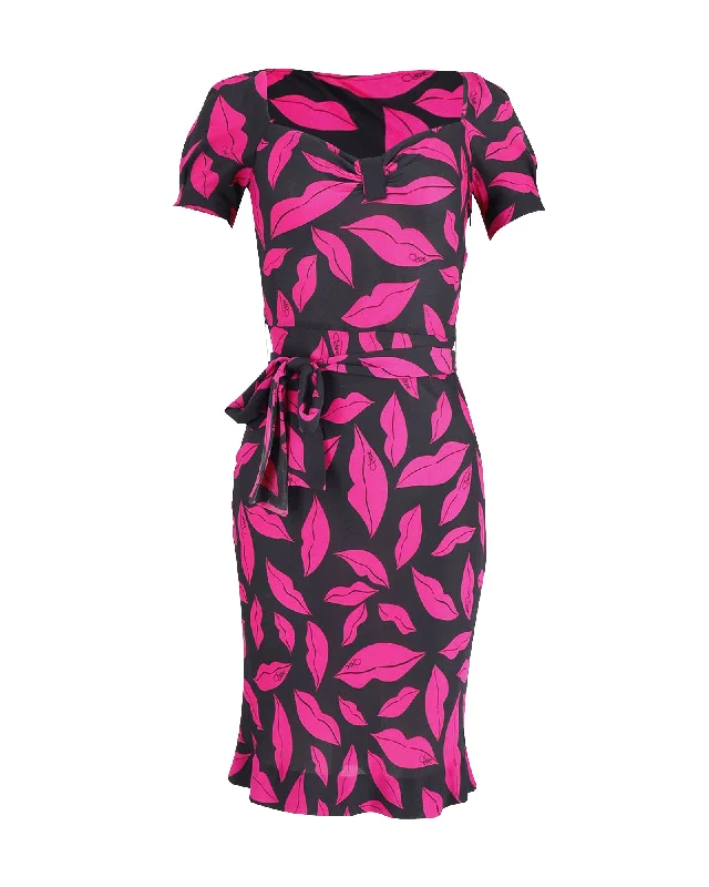 Spring Fashion Diane Von Furstenberg Pink Lips Midi Dress in Black Print Silk Elevated Style