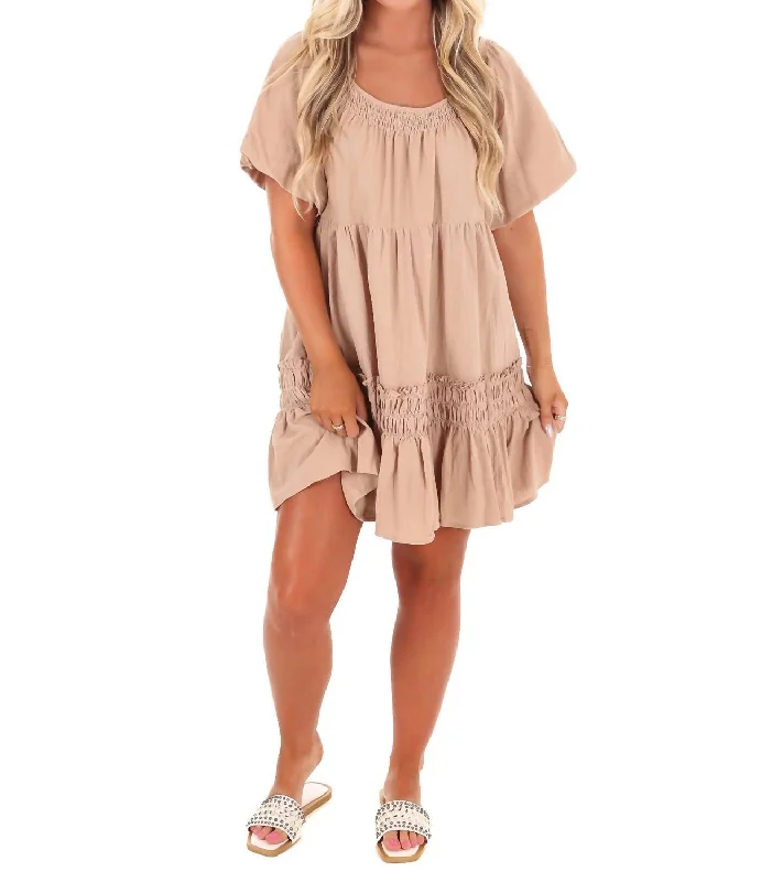 Essentials On Sale Effortless Charm Mini Dress In Tan Anniversary Sale