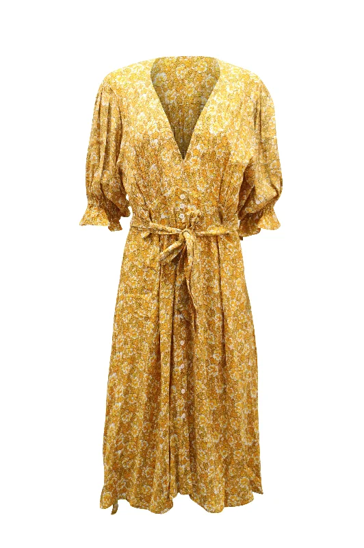 Unleash Your Fashion Faithfull The Brand Floral-Print Waist Tie Midi Dress in Yellow Rayon Lighten Up with Nordic Styles