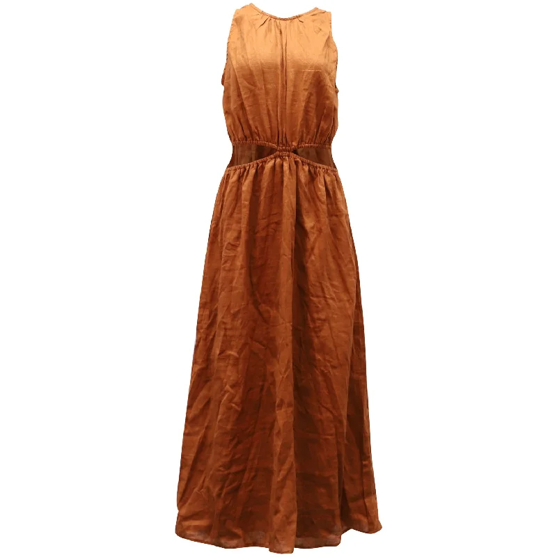 Quick Grab Deals Faithfull The Brand + Net Sustain Trapani Cutout Midi Dress in Brown Linen Effortless Sophistication