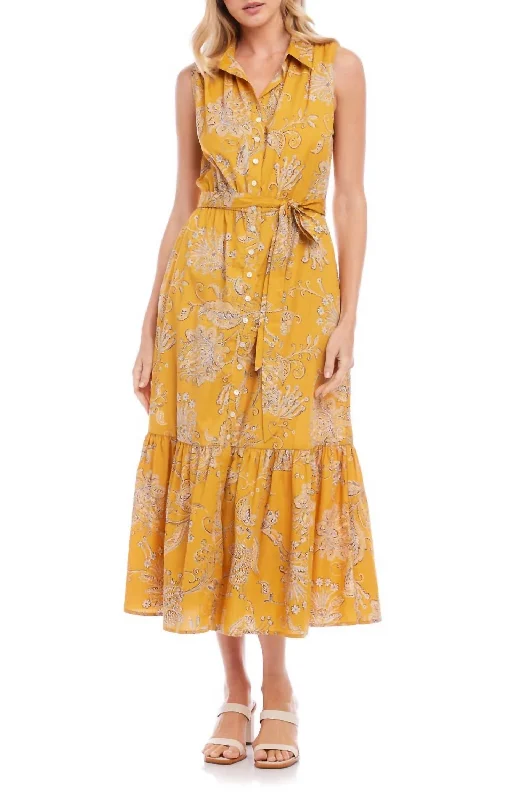 Stylish Statements Floral Belted Tiered Maxi Dress In Print Yellow Feminine Charm