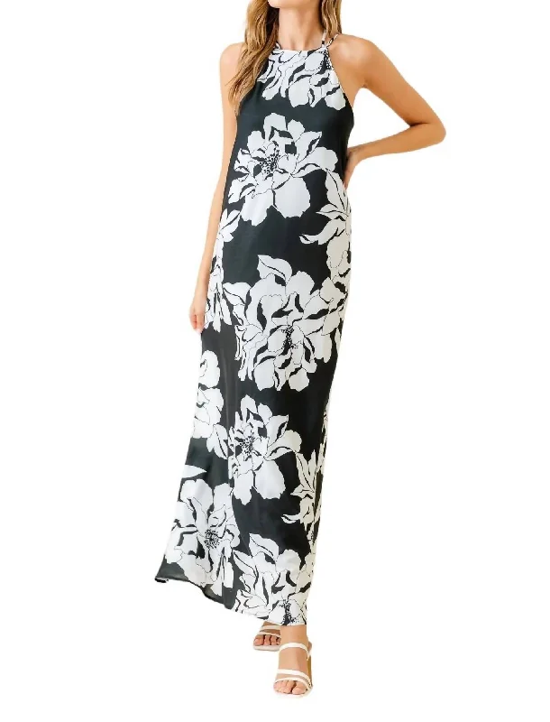 Embrace New Fashion Floral Print Halter Neck Open Back Dress In Black/white End - of - Month Blowout