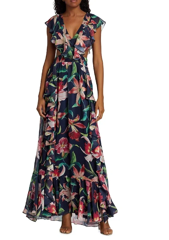 Smart Casual Deals Floral Print Laelia Ruffle Gown In Navy Blue Vibrant Prints