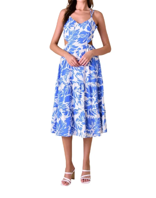 The Latest Trends Floral Printed Cut-Out Midi Dress In Blue/white Feminine Soft - Hued Styles