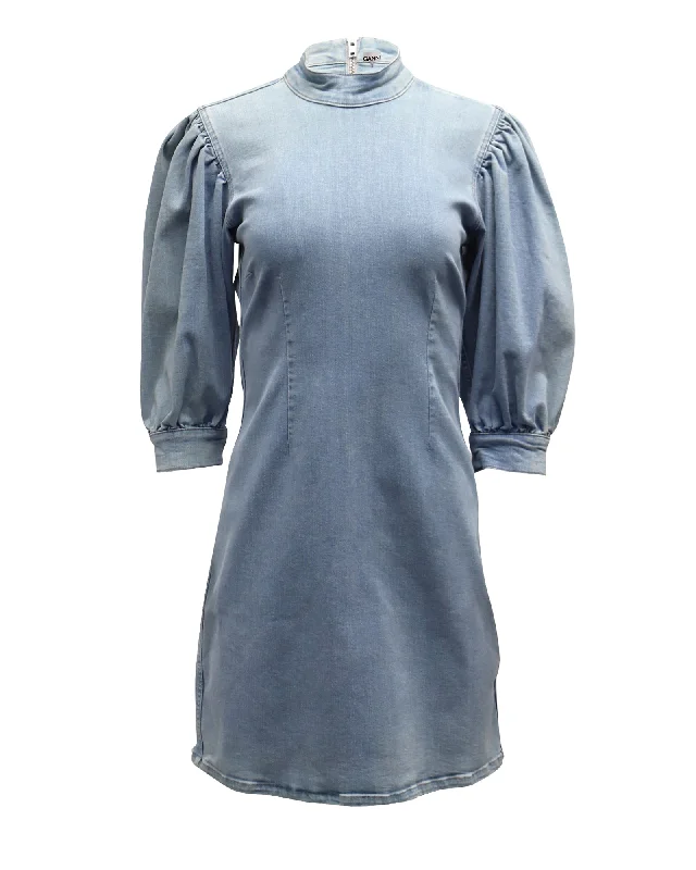 Cozy Comfort Style Sale Ganni Cult Denim Mini Dress in Light Blue Cotton Feminine Soft - Hued Look