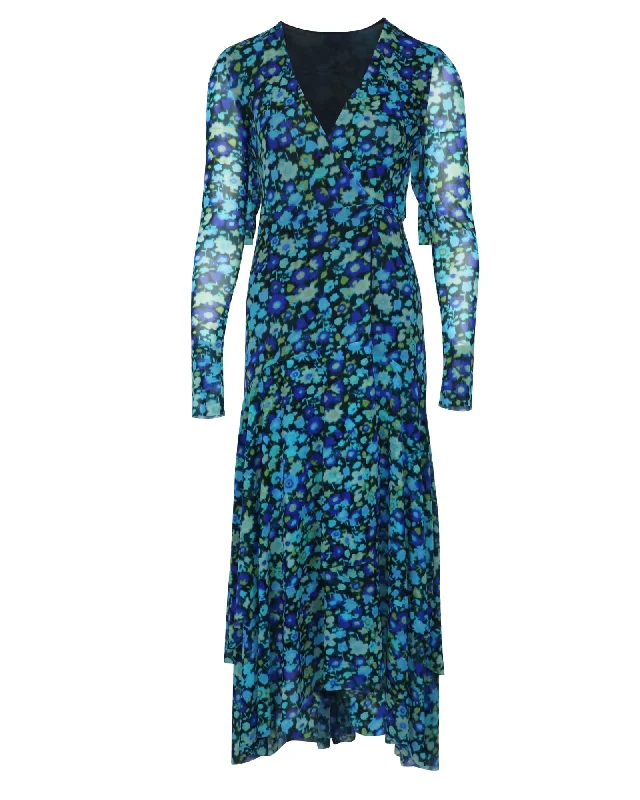 Special Offer For You Ganni Floral Print Mesh Wrap Dress in Blue Polyamide Limited - Edition Drops