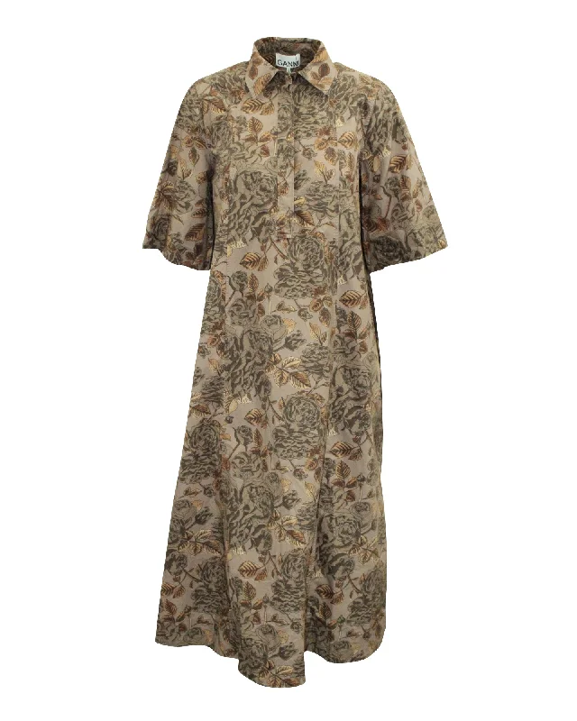 Durable Fashion Picks Ganni Floral Print Poplin Maxi Dress in Brown Cotton Graceful Drape