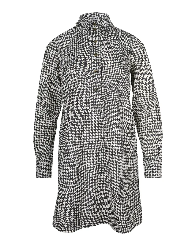 Seasonal Trends Ganni Optical Houndstooth Pea-Collar Mini Dress in Multicolor Cotton Effortless Sophistication