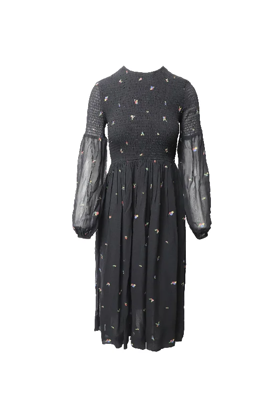 Crazy Discounts, Hurry Up Ganni Smocked Floral-Print Georgette Midi Dress in Black Viscose Big Savings on Minimalist Office Styles