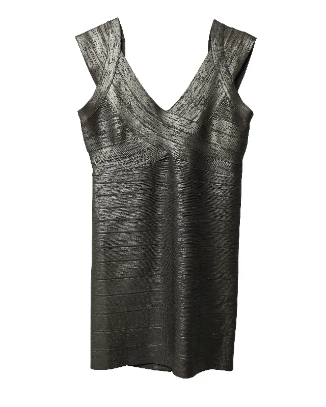 Daring Fashion Promotions Herve Leger Criss Cross Foil Mini Dress in Silver Rayon Vintage Retro Party Wear