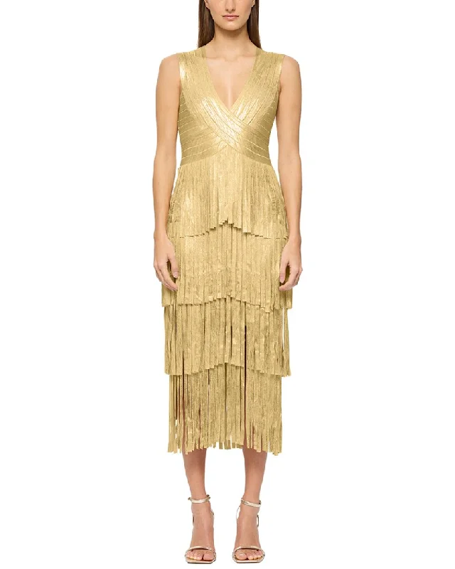 Fashion Sale Hervé Léger V Neck Foil Fringe Midi Dress Grab Romantic Date - Night Styles Now