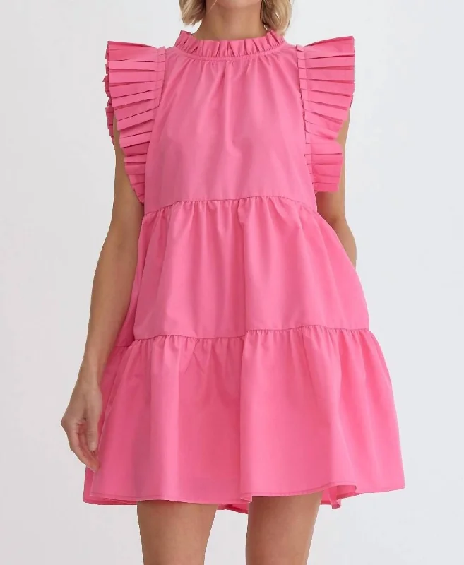 Vintage-Modern Style Offers High Neck Mini Dress In Pink Tropical Island - Inspired Attire