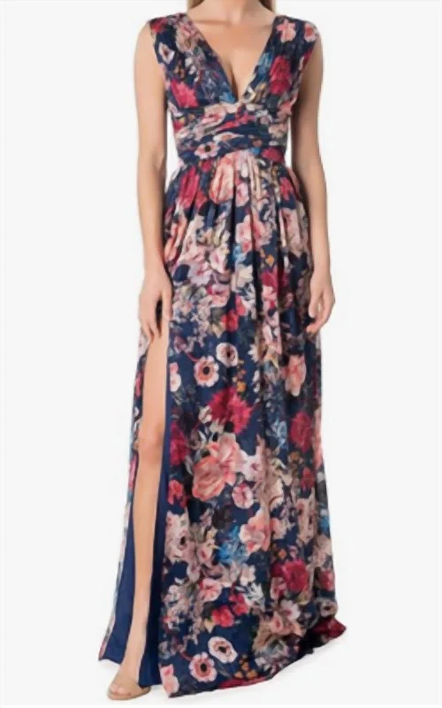 Chic Trends Unveiled Jaclyn Fit And Flare Maxi Dress In Multi/navy Elegant Contour