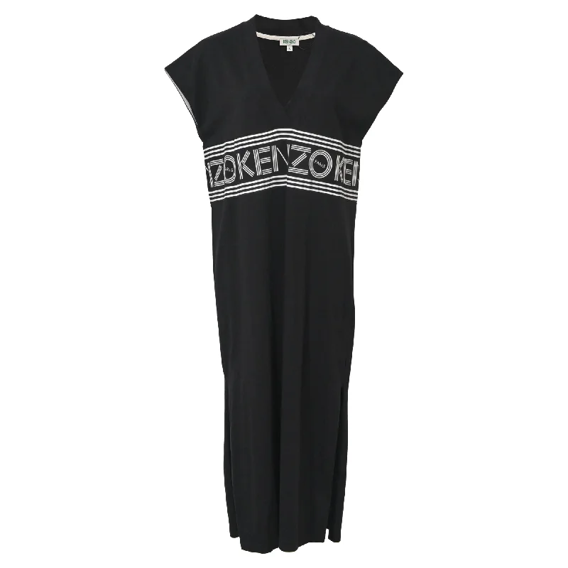 Holiday Glam Kenzo V-neck Logo Midi Dress in Black Cotton Now on Sale for Chic Urban Styles