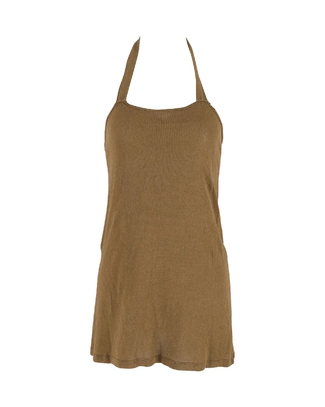 On-Trend Fashion Offers Khaite Halter Mini Dress in Khaki Cotton Subtle Sophistication