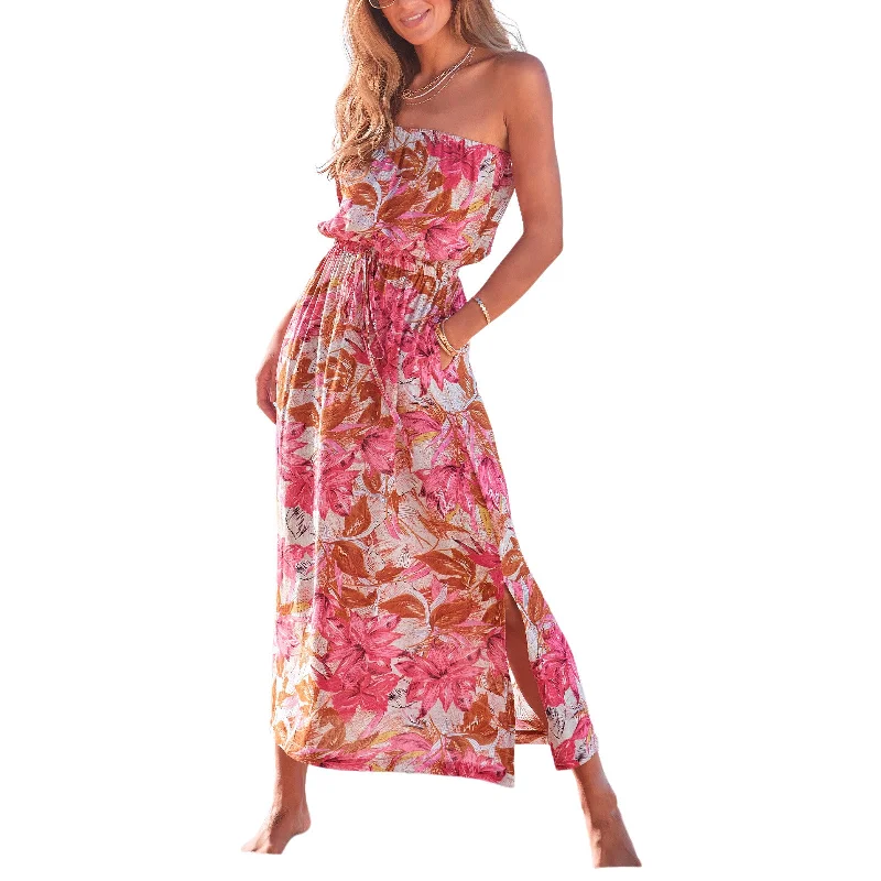 Valentine's Special LASCANA Floral Strapless Maxi Dress Pink Multi Romantic Detailing