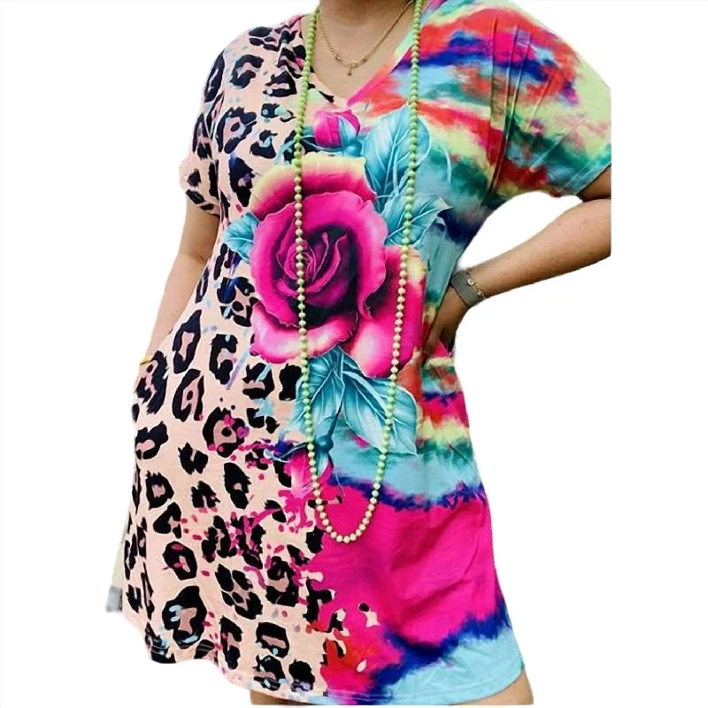 Bid Farewell To The Old Season Leopard And Tie Dye Floral Dress In Pink Multi Limited Quantities