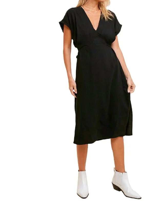 Special Offer For You Linen V-Neck Wrap Midi Dress In Black Subtle Sophistication