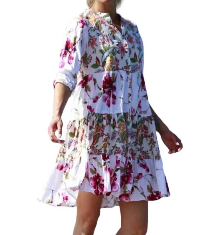 Stylish Looks Lisa Button Down Long Sleeve Dress In White Multi Floral Art Deco Geometric Pattern Look