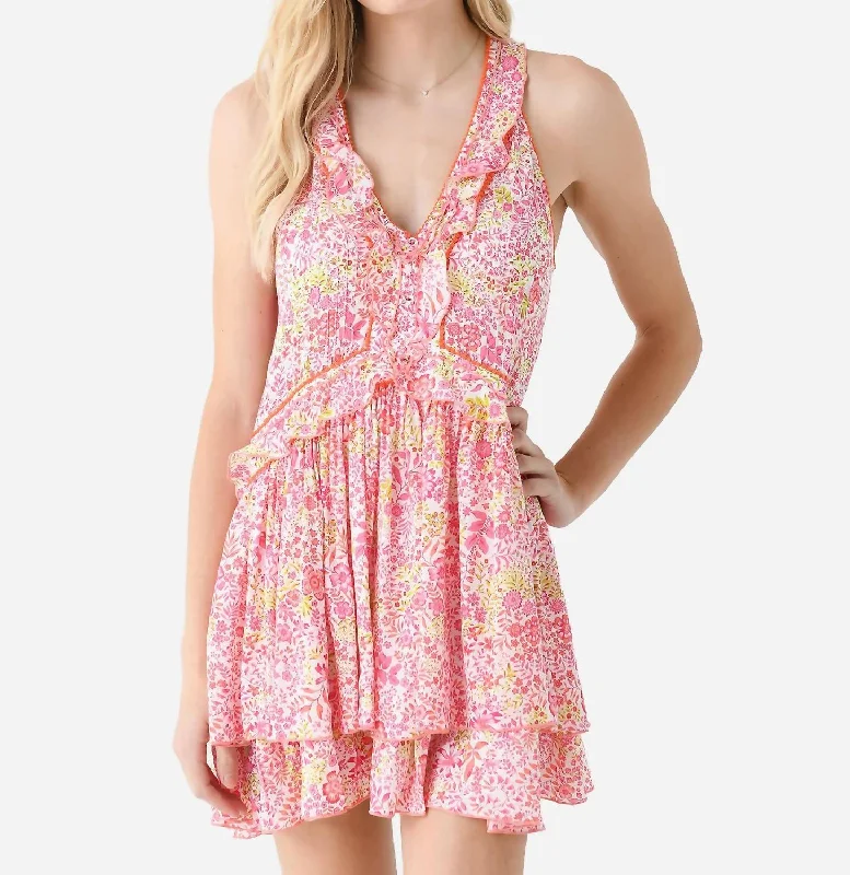 Laid-Back Fashion Offers Mae Mini Dress In White Pink Nature Boho - Chic Festival - Ready Style