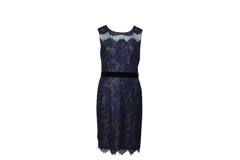 Sophisticated Street Style Offers Marchesa Notte Lace Sequined Midi Dress in Blue Polyester Save on Inspired Styles