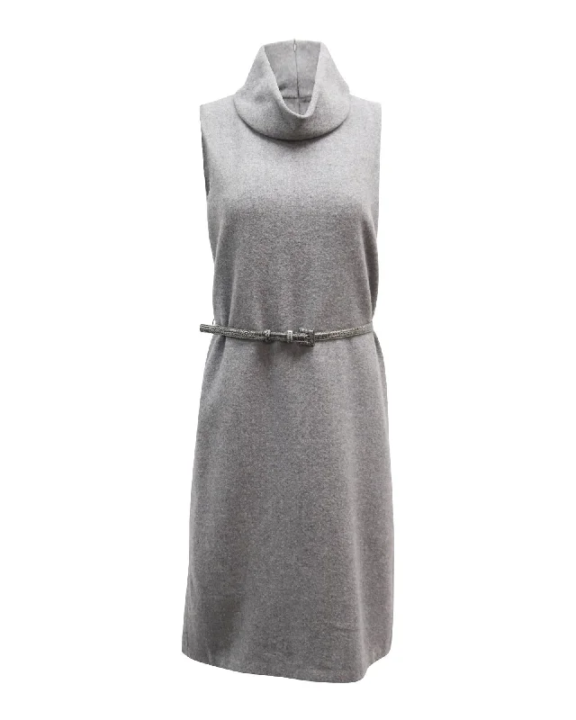 Street Style Discounts Max Mara Belted Turtle Neck Sleeveless Midi Dress in Grey Wool Great Deals on Ethnic Cultural Wear