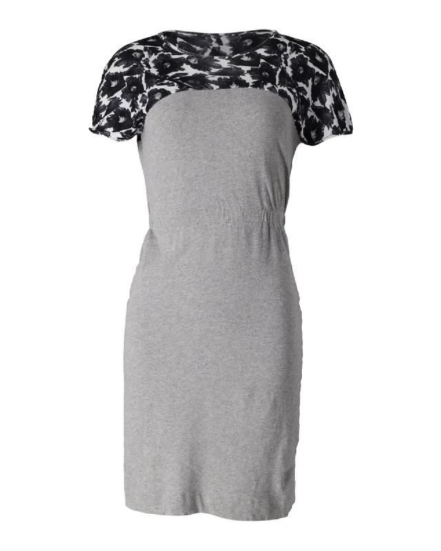 Fashion Forward Mother of Pearl Printed Paneled Midi Dress in Grey and Black Cotton Alluring Design