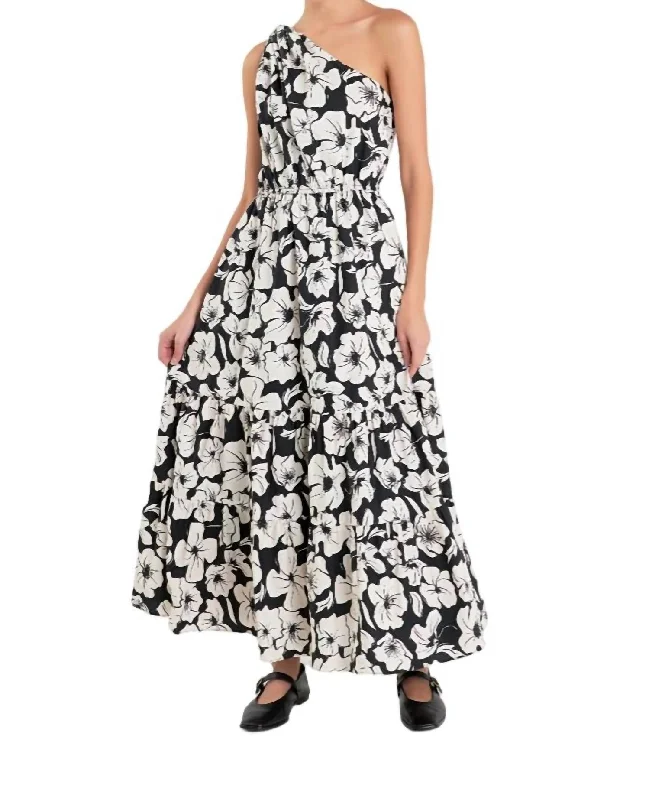 Fashion Essentials One Shoulder Floral Dress In Black Great Deals on Ethnic Cultural Wear