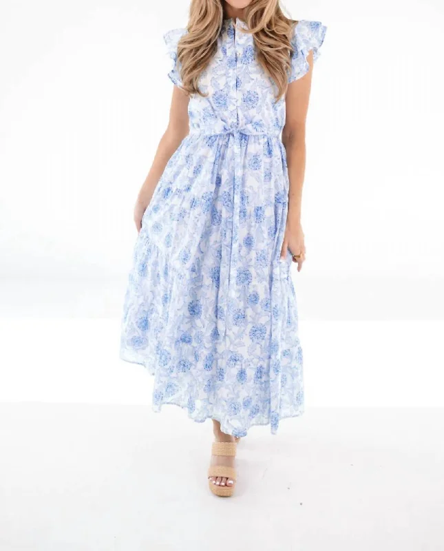 Cozy Chic Promotions Palmer Button Ruffle Midi Dress In Blue Summer Splash Sale