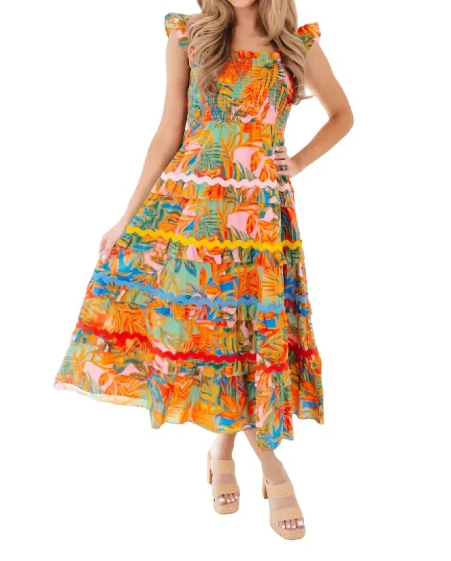 Elevated Casual Discounts Paloma Tiered Ric Rac Midi Dress In Orange Multi Flash Deals