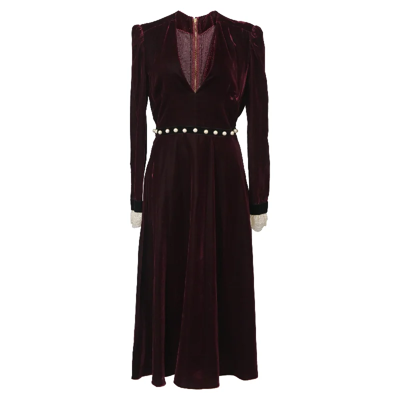 Huge Discounts This Week Philosophy di Lorenzo Serafini Deep V Neck Midi Dress in Burgundy Velvet Seasonal Trend