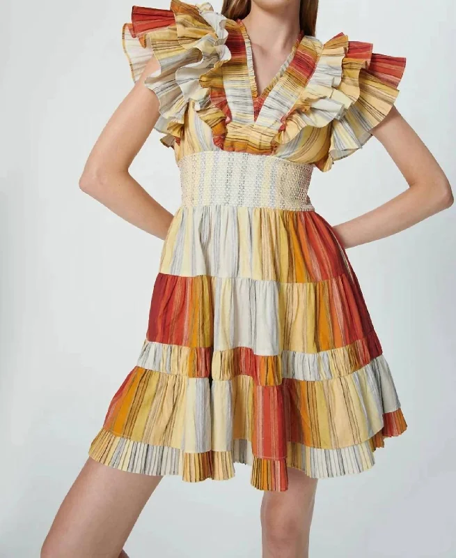 Trend Leading Collection Poppy Organic Pleated Mini Dress In Palm Dye Stripes Red Soft Textures