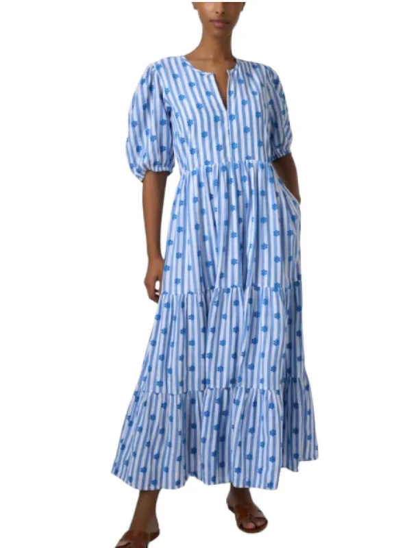 Romantic Chic Deals Puff Sleeve Maxi Dress In Blue And White Score Big on Glamorous Red - Carpet Styles