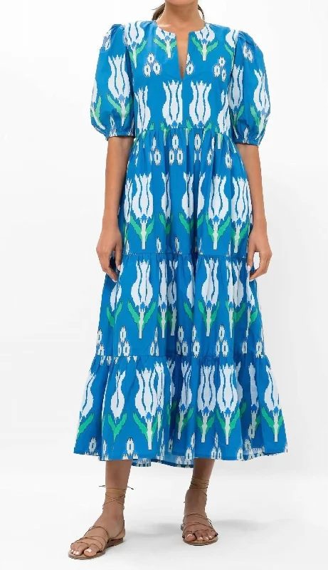 Stay Ahead In Style Puff Sleeve Maxi Dress In Sumba Blue Vintage Elegance