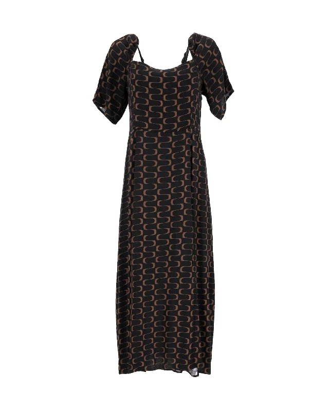 New Season Fashion Preview Reformation Printed Midi Dress in Black Viscose Lightweight Fabric