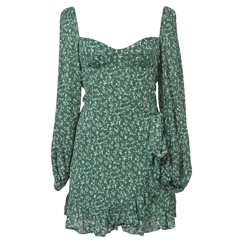 Luxe Style Discounts Reformation Ruffled Cammi Floral Print Mini Dress in Green Viscose End - of - Month Blowout