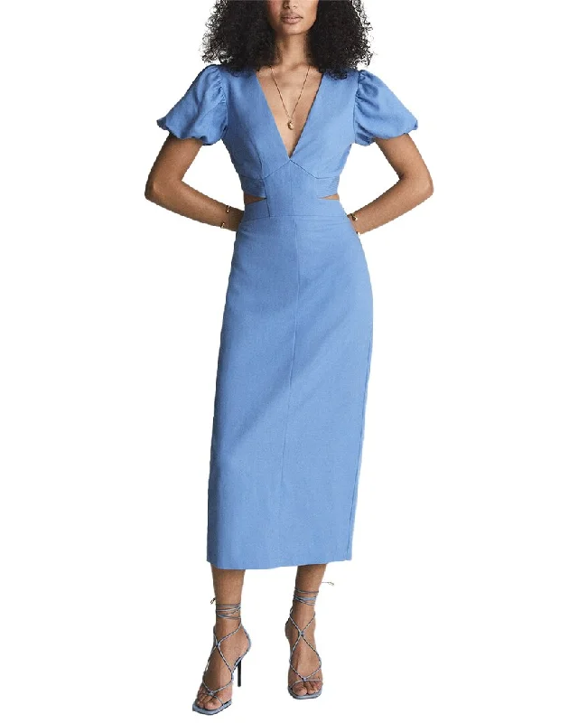 Inspired By You, Designed For You Reiss Jennah Puff Sleeve Cutout Back Linen-Blend Midi Dress Hollywood Glam Award - Show Style